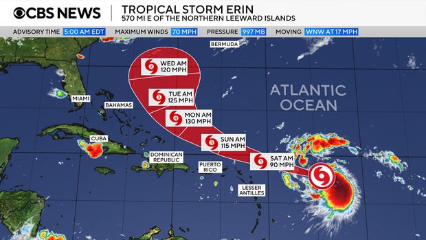 Tropical Storm Erin on verge of becoming Atlantic season's first hurricane