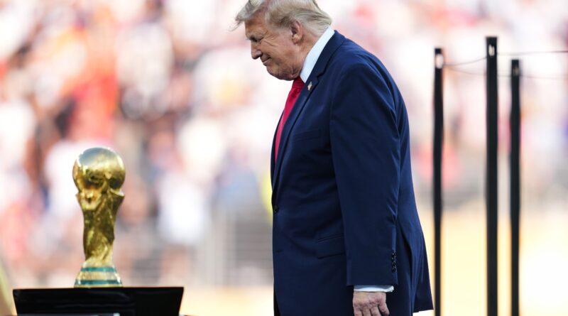 Trump celebrates the World Cup as a US victory as he presents trophy to the winner, Spain